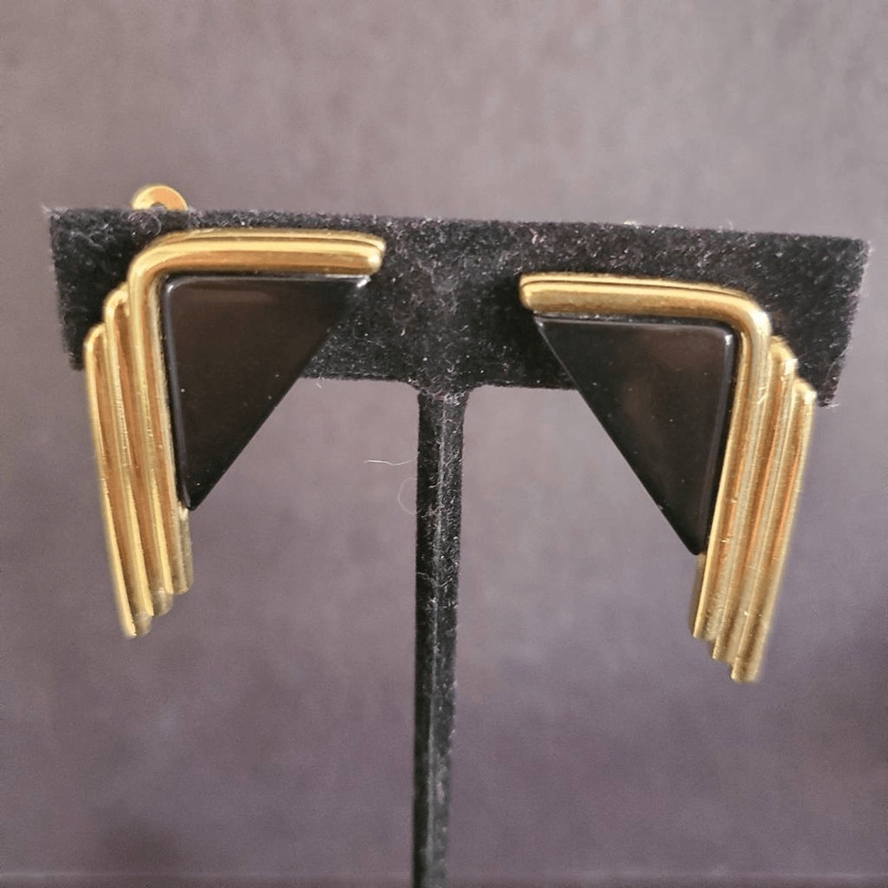 Givenchy Vintage Art Deco Geometric Gold Tone Black Enamel Clip On Earrings - Picture 1 of 6